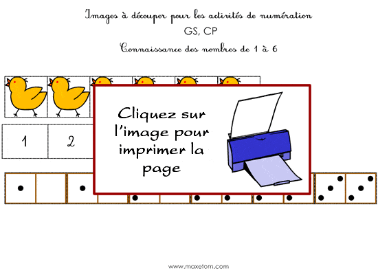 Fiche de numération de 1 à 6 à imprimer