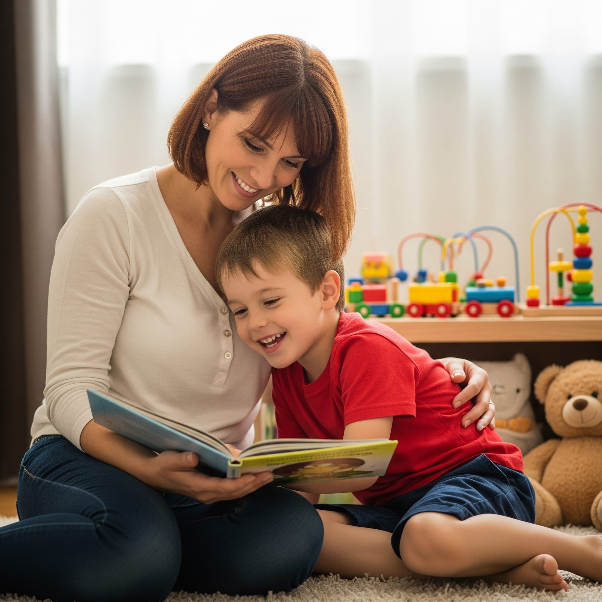 maman et son fils regardant un livre
